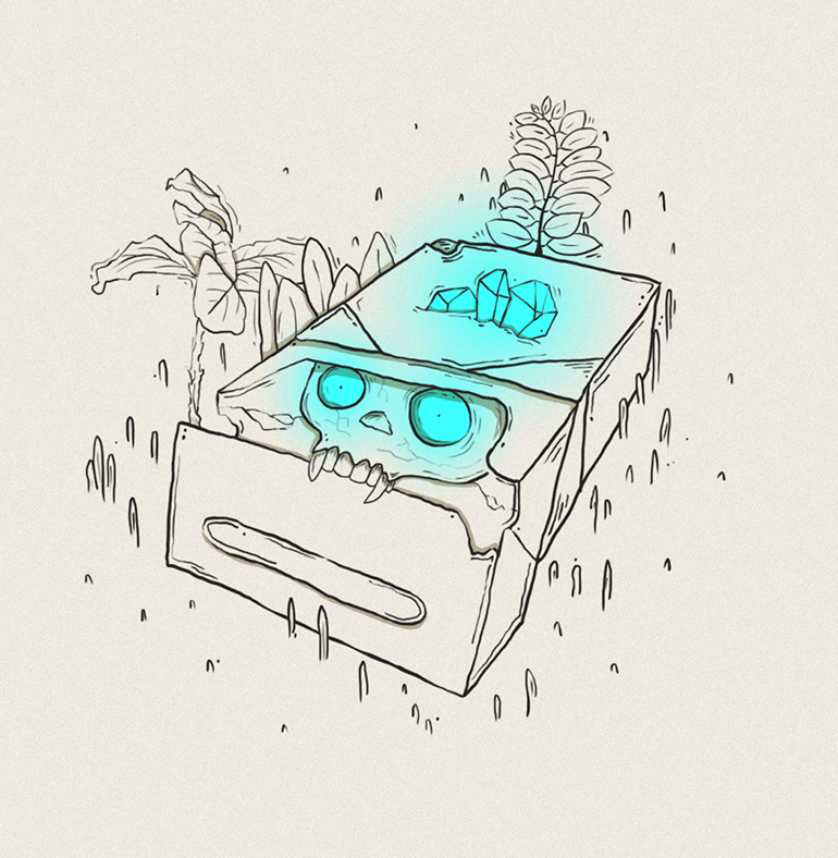 Drawing of empty cigarette box perspective, skull inside with glowing eyes and glowing crystals in turquoise. Apocaliptical scene with plants and grass. Line art. Mystical and excentric illustrations drawings.