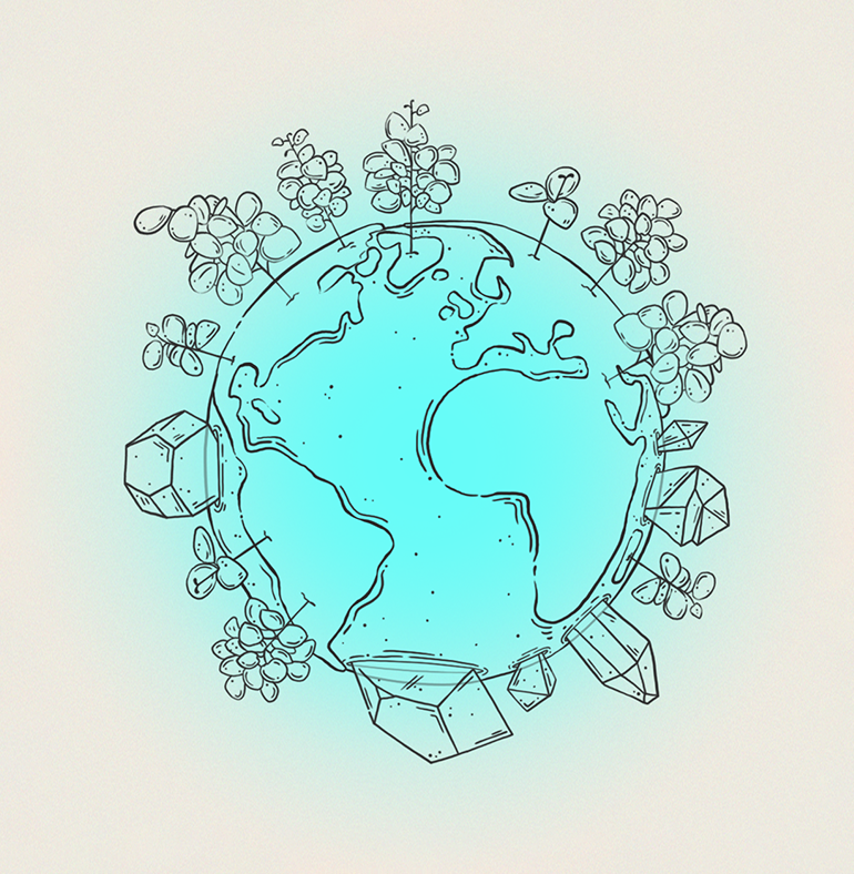 Drawing of Earth, planet, globe, continents and countries, ocean and sea, plants on land and crystals floating in the water. Glowing crystals in turquoise. Line art. Mystical and excentric illustrations drawings.