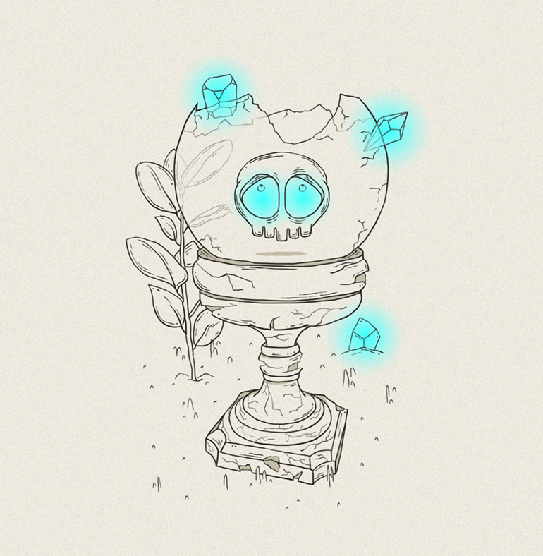 Drawing of a broken glass snow globe in apocalyptical scene plants and grass growing around, glowing crystals in turquoise cracking glass. Skull floats inside globe with glowing eyes. Line art. Mystical and excentric illustrations drawings.