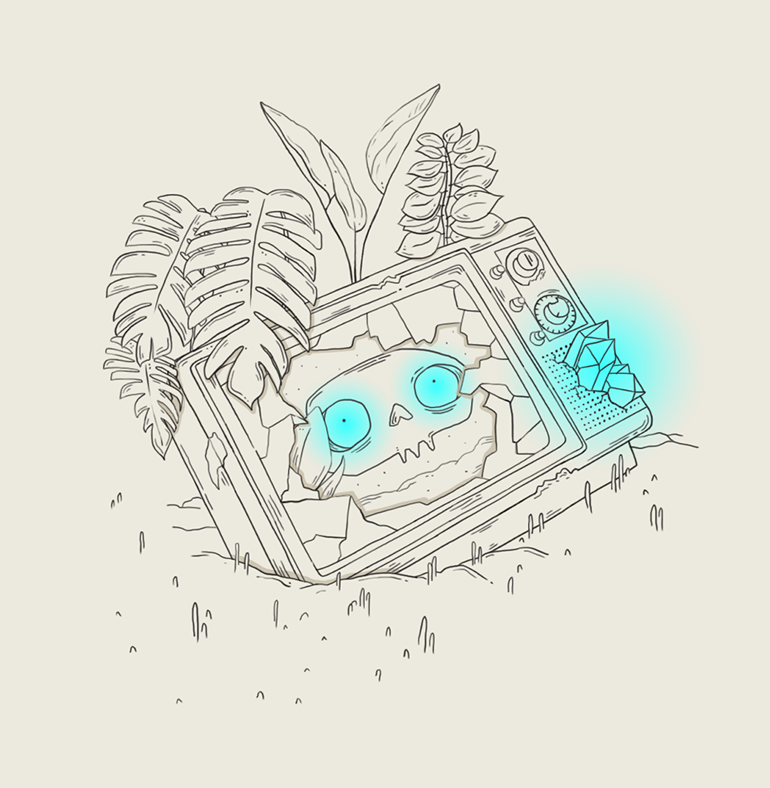 Drawing of old broken television perspective, skull inside with glowing eyes and glowing crystals in turquoise. Apocaliptical scene with plants and grass, monstera leaves, tropical plants. Line art. Mystical and excentric illustrations drawings.