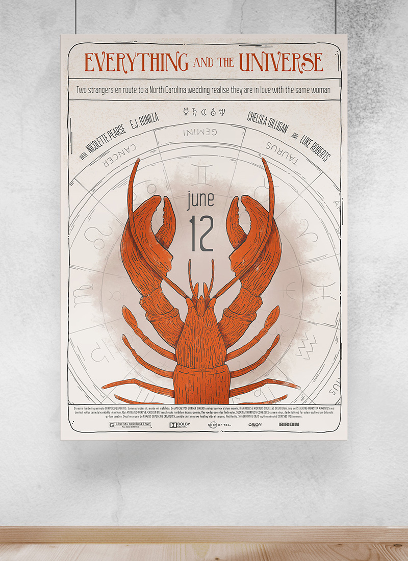 Concept poster for the film Everything and the Universe. Production company Shot of Tea from London, design contest illustration for movie promotional poster. Lobster as a tarot card. Romance and comedy film.