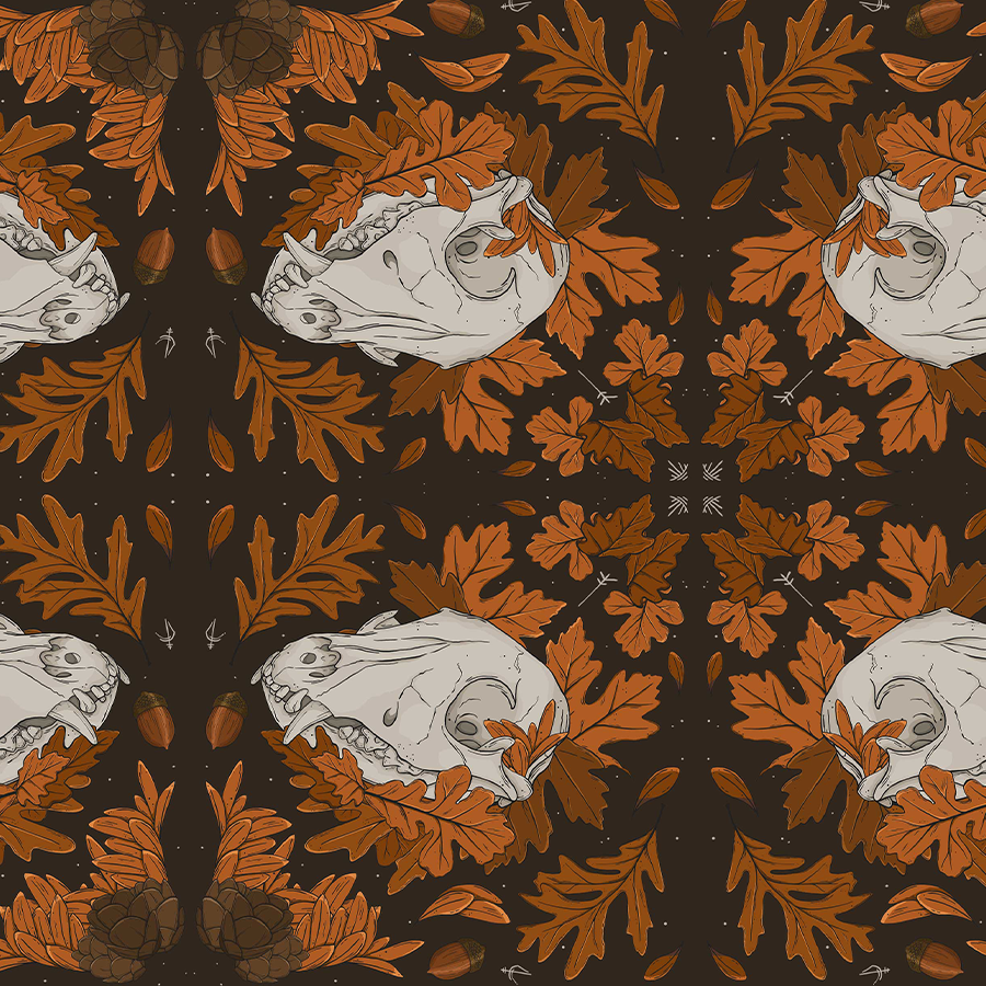 Wholesale botanical product collection, Crisp Maple Woodland by Full Mistica. Feature design with hand-drawn fox skull, oak leaves, pinecones, and hazelnuts in cinnamon amber hues. Ideal stock for boutique gift shops, and cultural institution stockists. Botanical surface design to stock luxury boutiques for autumn