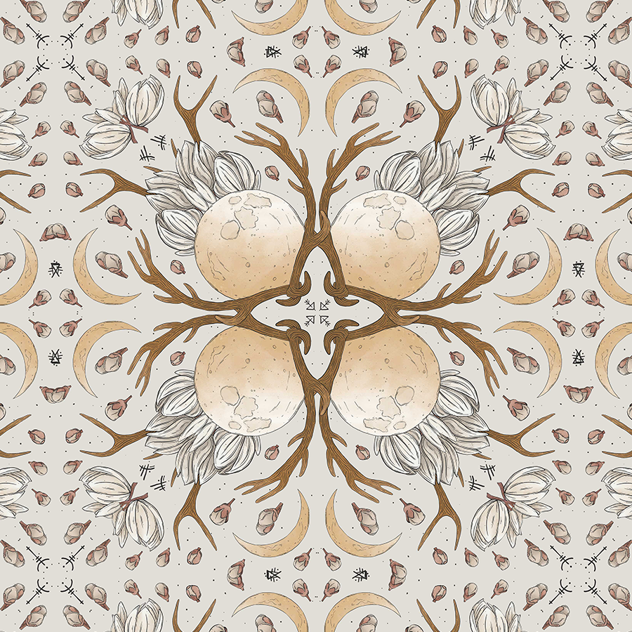 Buck Moon Collection repeat pattern by Full Mistica: A maximalist dark botanical arrangement featuring a buck antler, cat skull, chrysanthemums, and cotton buds under a full moon. Ideal for wholesale museum gift shop products, heritage boutique decor, and licensed surface design. luxury, high-end printed textiles to use as fashion accessories.
