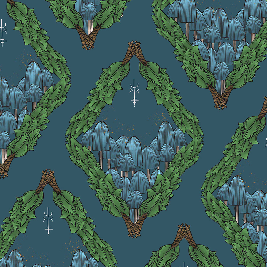 illustration of pattern on black background of couple of lion skulls mirrored over a forest of palm leaves and monstera plants in teal colours, outline plants, runic symbols, all inside a wide diamond outline shape. Tropical maximalist pattern.