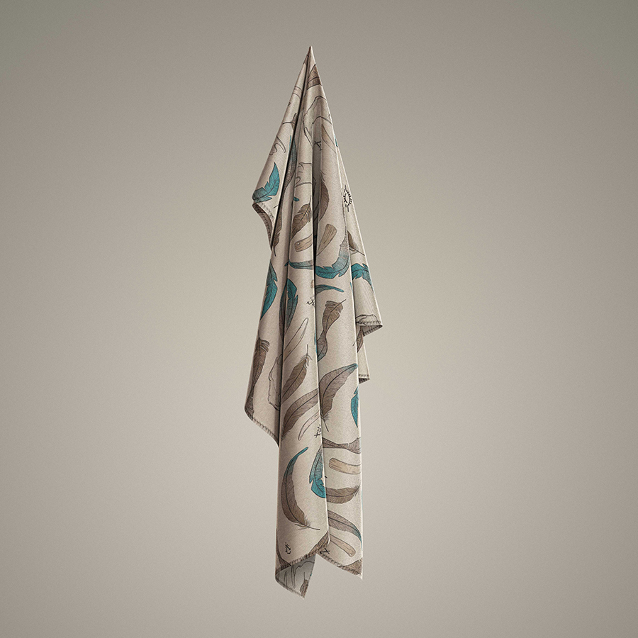 illustration of pattern on cream background of feathers fitting together, bones, teeth, runic symbols. Pattern applied on mockup of a floating scarf.