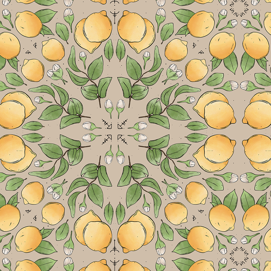 Citrus Muss collection pattern showcasing vibrant lemons, white citrus blooms, and green leaves — wholesale giftware, shop merchandise and giftware supplies by Full Mistica. Independent small business selling printed textiles with unique botanical patterns. Fashion accessories stockist products