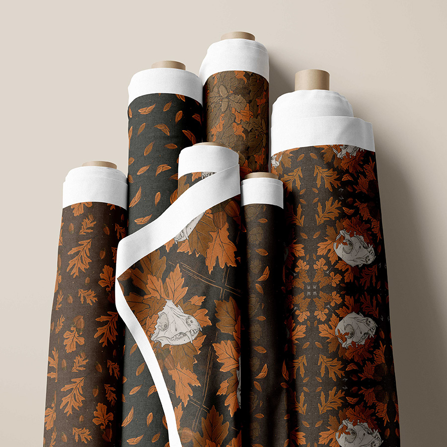 mockup of fabric rolls with patterns of peaches applied. Pattern design full mistica by karen mattiazzo graphic and pattern surface designer
