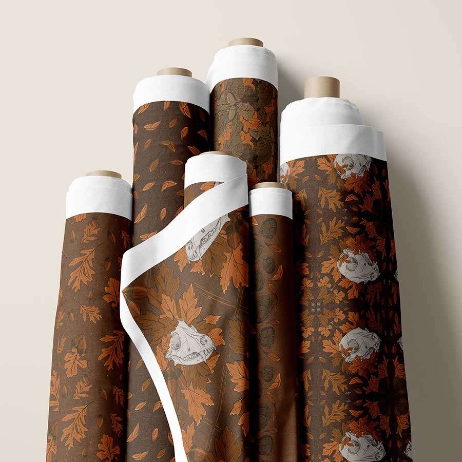 mockup of fabric rolls with patterns of peaches applied. Pattern design full mistica by karen mattiazzo graphic and pattern surface designer