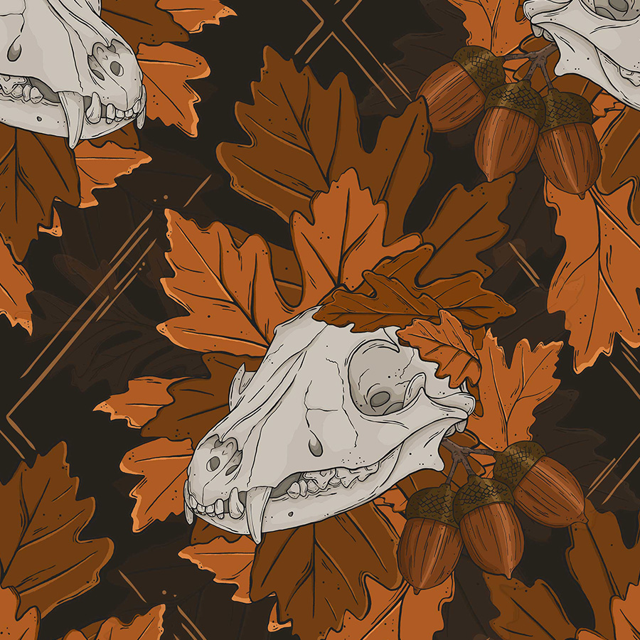 pattern of motif arranged with crown of peaches, squirrel skulls mirrored and sage coloured leaves, diamond repeat with runes and auras around. Pattern design full mistica by karen mattiazzo graphic and pattern surface designer