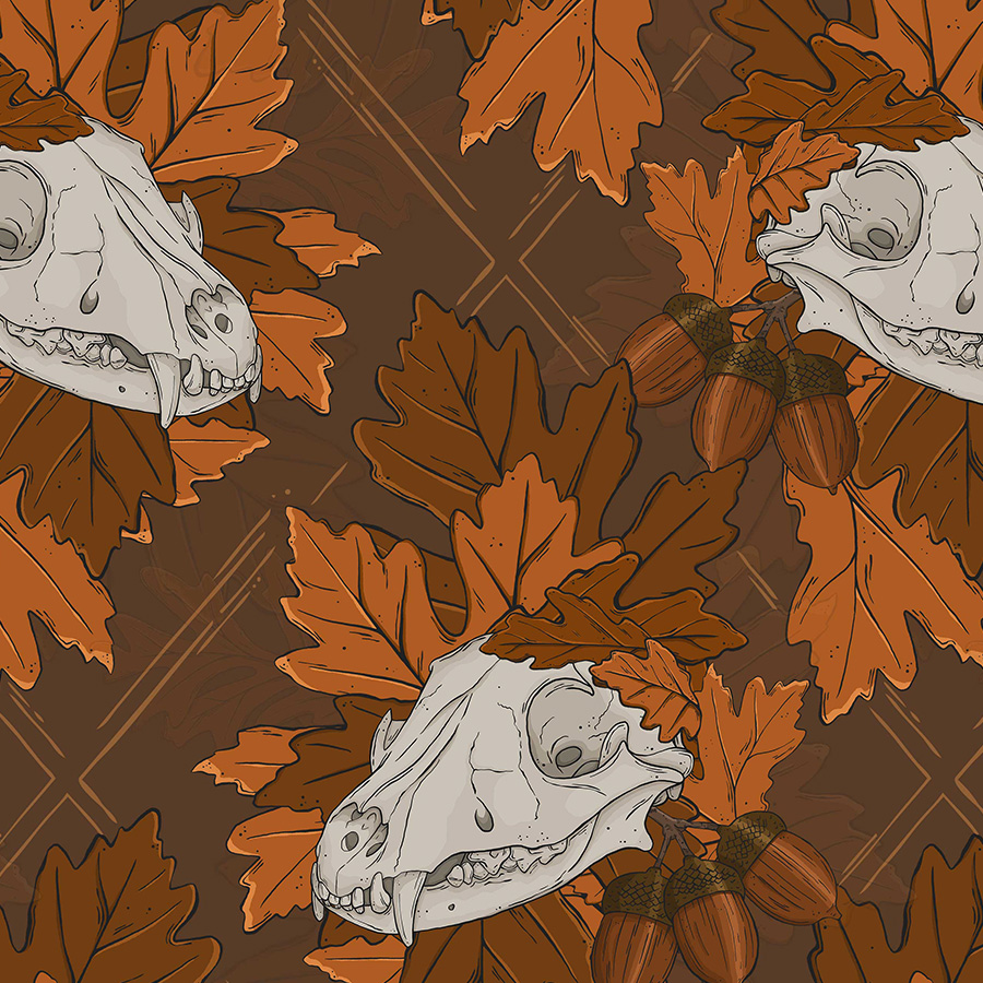 pattern of motif arranged with crown of peaches, squirrel skulls mirrored and sage coloured leaves, diamond repeat with runes and auras around. Pattern design full mistica by karen mattiazzo graphic and pattern surface designer