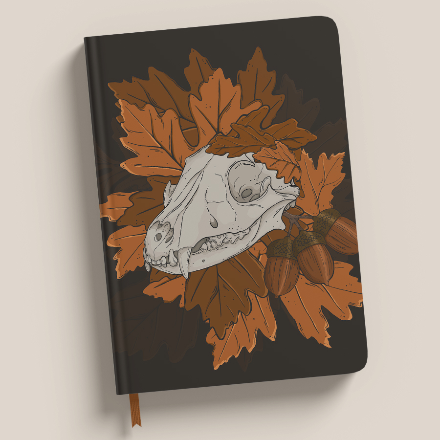 pattern of motif arranged with crown of peaches, squirrel skulls mirrored and sage coloured leaves, diamond repeat with runes and auras around. Pattern design full mistica by karen mattiazzo graphic and pattern surface designer. wallpaper mockup in roll opened.