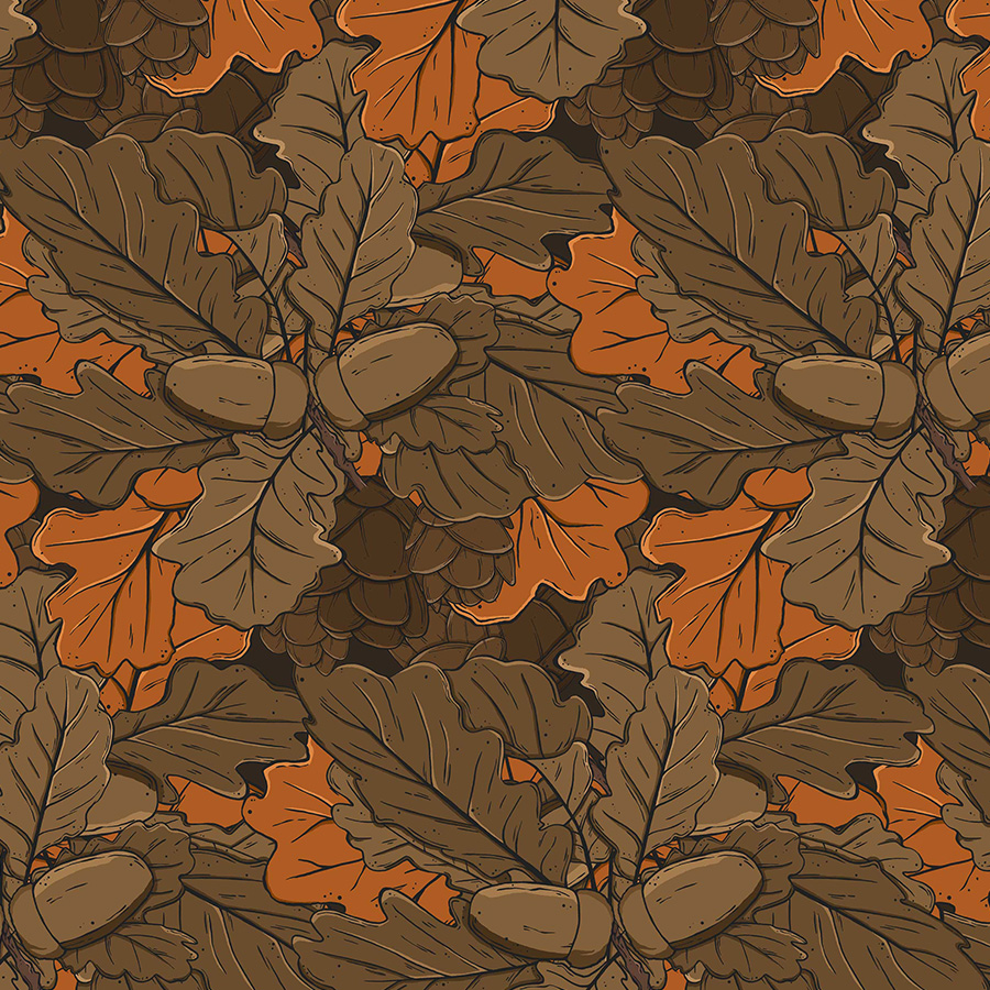 illustration of peach buds, tiny leaves in sage green with squirrel skull scattered in repeat. Pattern design full mistica by karen mattiazzo graphic and pattern surface designer