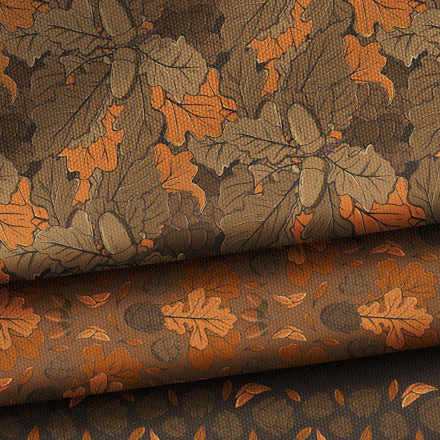 illustration of peach buds, tiny leaves in sage green with squirrel skull scattered in repeat. Pattern design full mistica by karen mattiazzo graphic and pattern surface designer