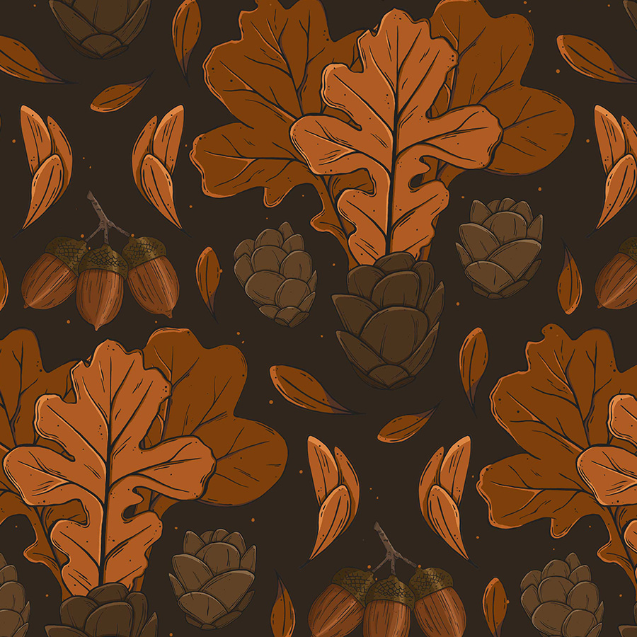 mirrored tiles of peaches, skulls, leaves and peach buds illustration to form tiles repeats in squares. Pattern design full mistica by karen mattiazzo graphic and pattern surface designer