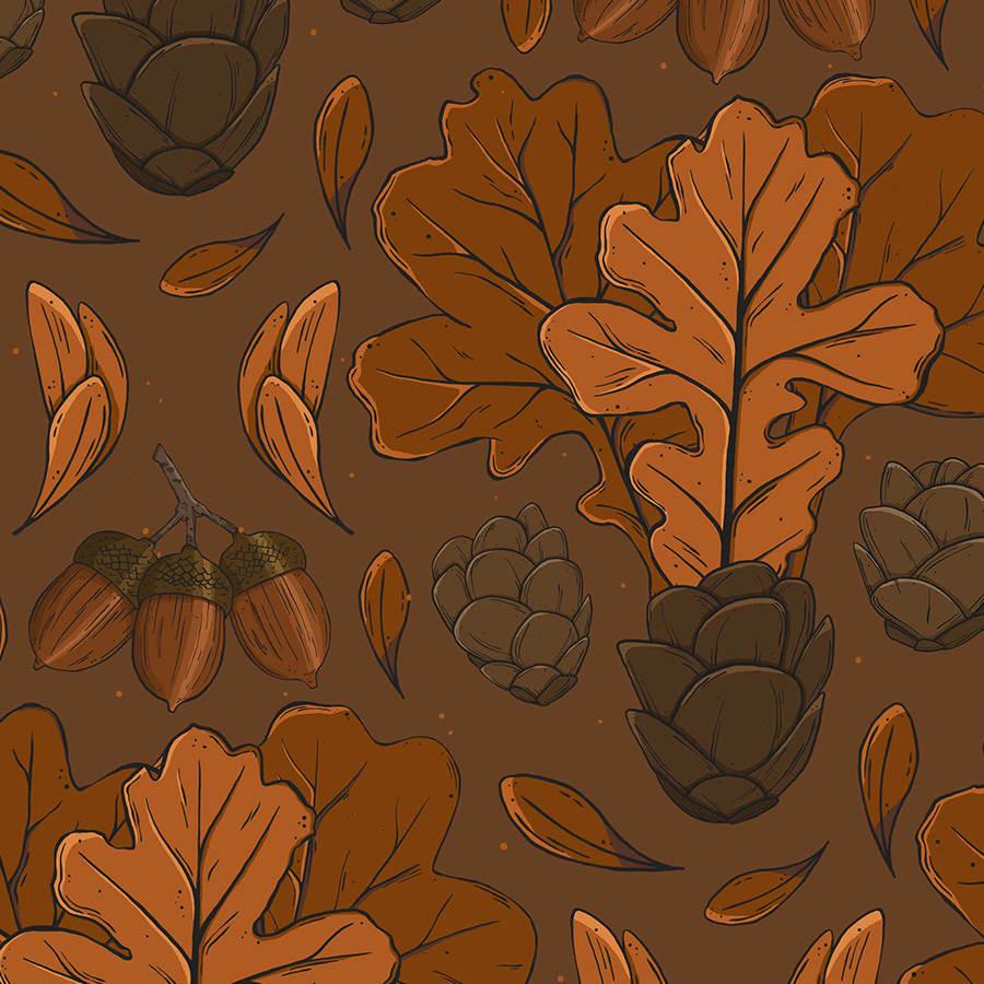 mirrored tiles of peaches, skulls, leaves and peach buds illustration to form tiles repeats in squares. Pattern design full mistica by karen mattiazzo graphic and pattern surface designer