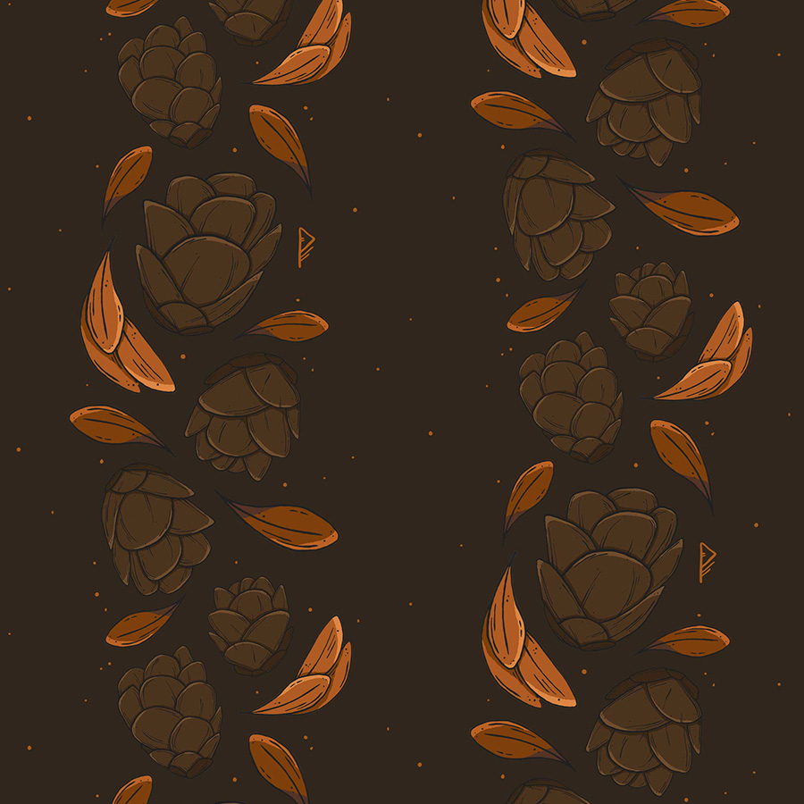 mirrored tiles of peaches, skulls, leaves and peach buds illustrated to form tiles repeats in squares. duvet cover mockup from above, pillow shams and printed bed sheet with light pattern. Pattern design full mistica by karen mattiazzo graphic and pattern surface designer