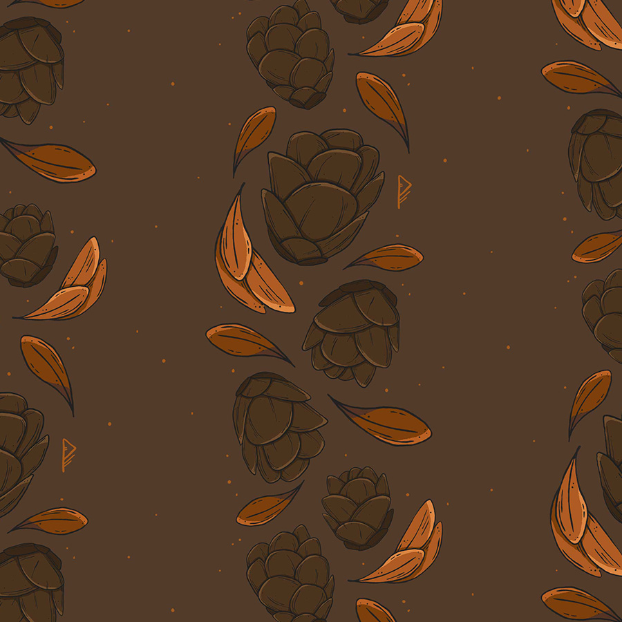 illustration of peach buds, tiny leaves in sage green with squirrel skull scattered in repeat. Pattern design full mistica by karen mattiazzo graphic and pattern surface designer
