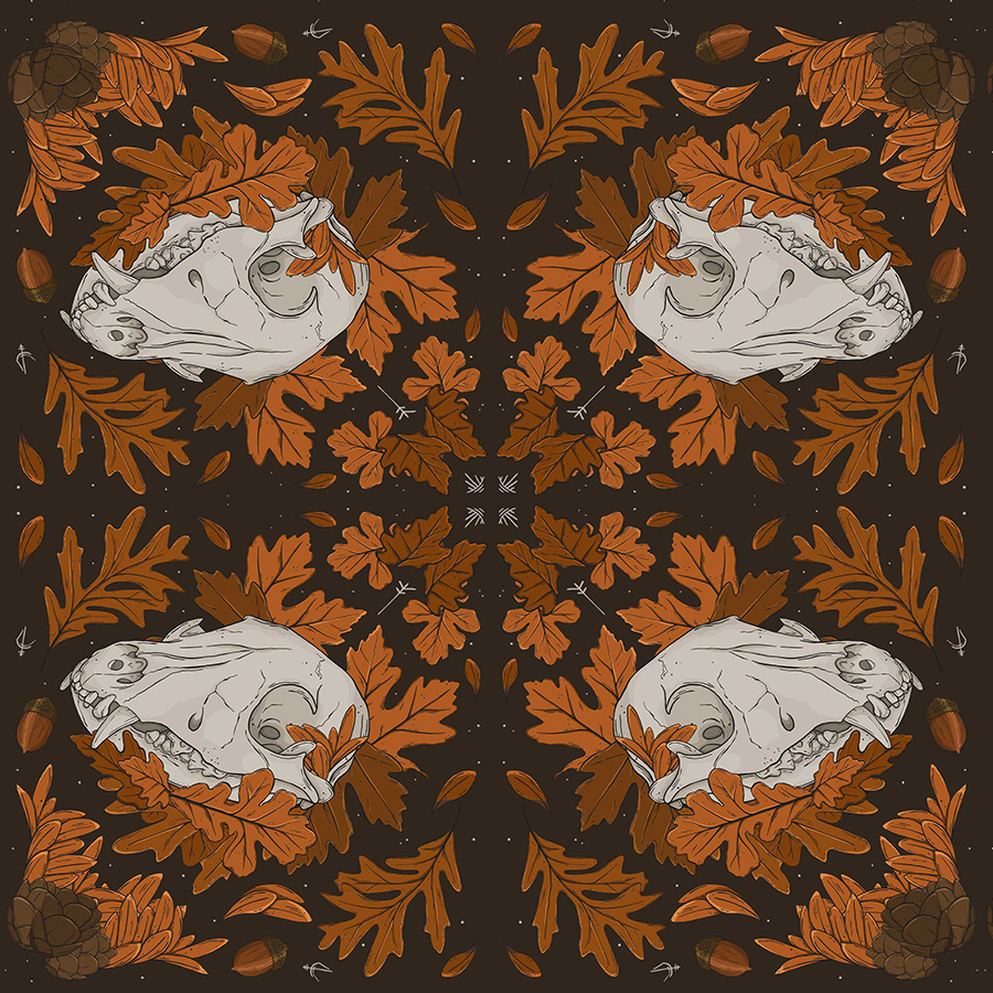 pattern of motif arranged with orchard of peaches, sage coloured leaves, squared diamond repeat with runes, lines and auras around. Pattern design full mistica by karen mattiazzo graphic and pattern surface designer