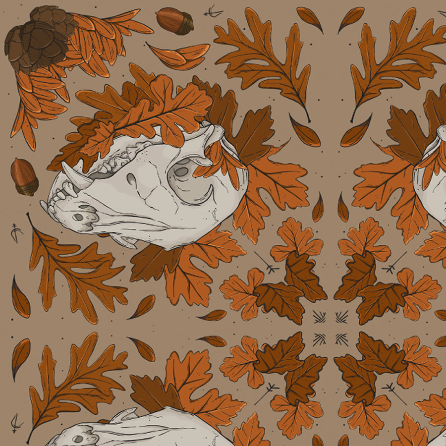 pattern of motif arranged with orchard of peaches, sage coloured leaves, squared diamond repeat with runes, lines and auras around. Pattern design full mistica by karen mattiazzo graphic and pattern surface designer
