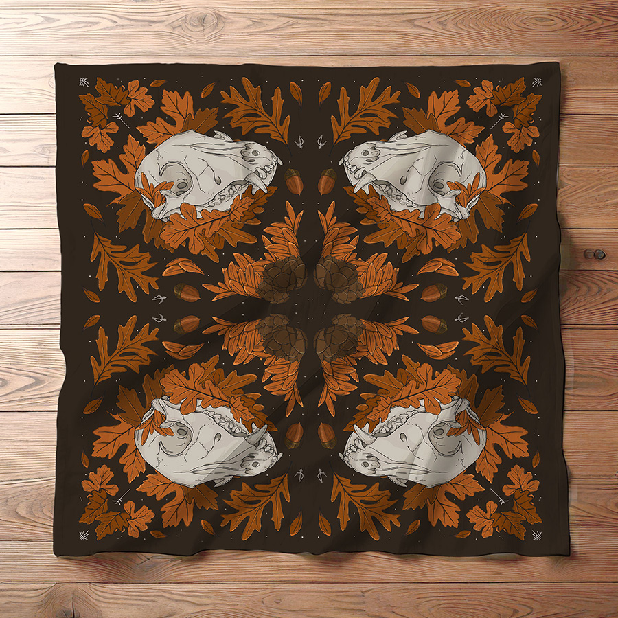 pattern of motif arranged with orchard of peaches, sage coloured leaves, squared diamond repeat with runes, lines and auras around. table runnere mockup on a wooden rustic table. Pattern design full mistica by karen mattiazzo graphic and pattern surface designer