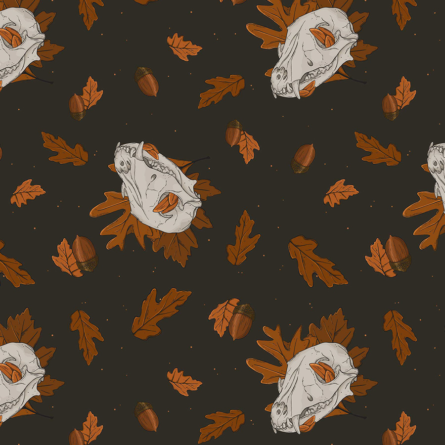 illustration of peach buds, tiny leaves in sage green with squirrel skull scattered in repeat. Pattern design full mistica by karen mattiazzo graphic and pattern surface designer