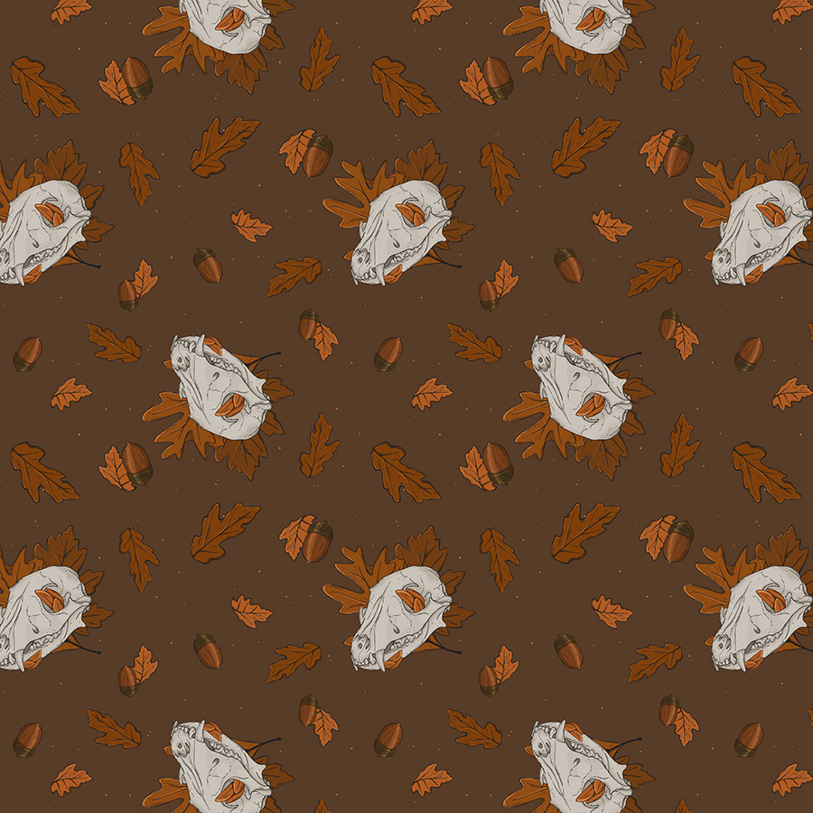 illustration of peach buds, tiny leaves in sage green with squirrel skull scattered in repeat. Pattern design full mistica by karen mattiazzo graphic and pattern surface designer