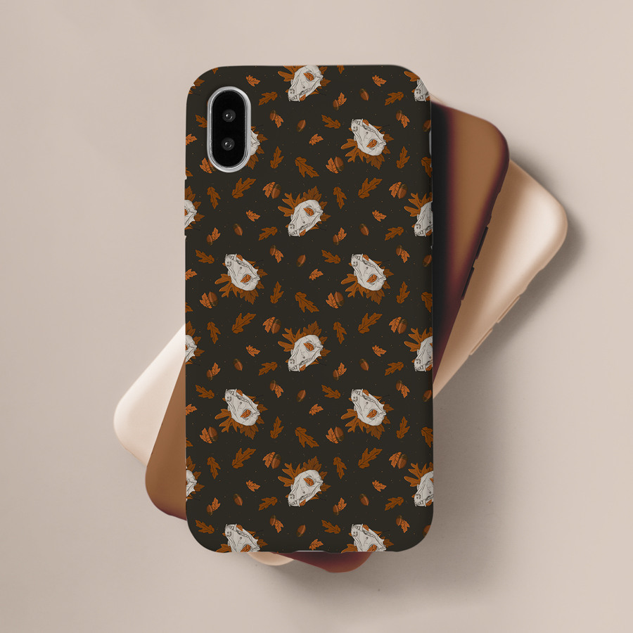illustration of peach buds, tiny leaves in sage green with squirrel skull scattered in repeat. Pattern design full mistica by karen mattiazzo graphic and pattern surface designer