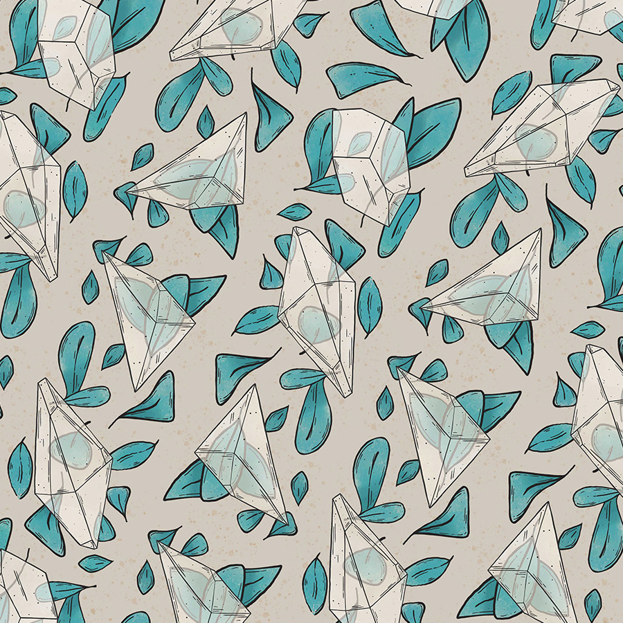 illustration of pattern on cream background of teal leaves arranged as stripes with three types of transparent white crystals over it.