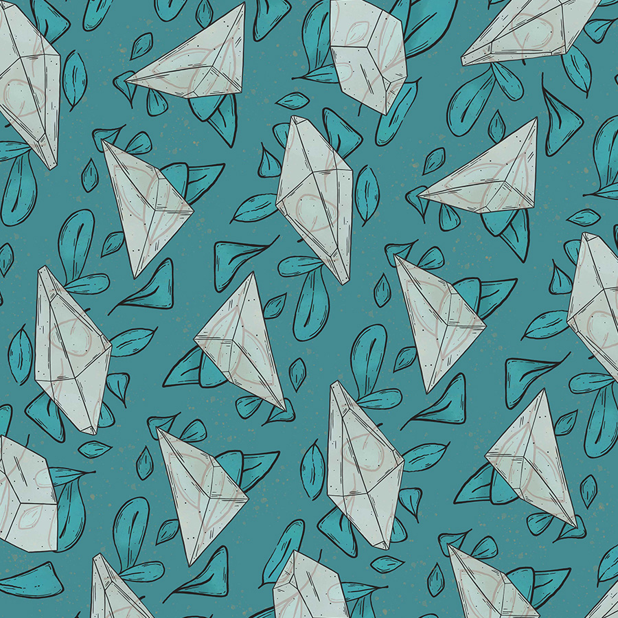 illustration of pattern on medium teal background of teal leaves arranged as stripes with three types of transparent white crystals over it.