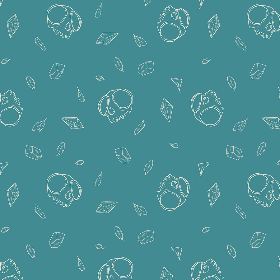 illustration pattern on teal background of white outline of tiny skull, leaves and tiny crystals scattered loosely and clean.