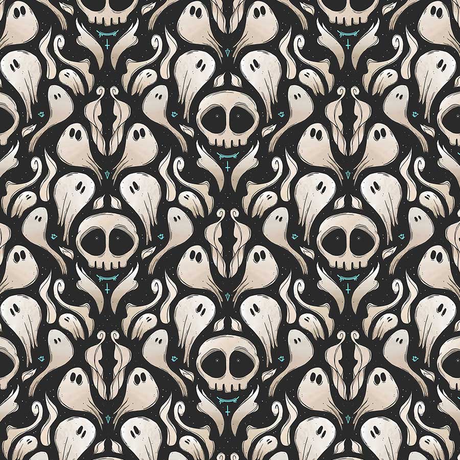 Halloween collection with lots of spooky skulls with ghosts surrounding it, graveyard bones, black background, scary pattern, holiday season, autumn, surface design, illustrator, halloween theme illustrations, prints, home decor and accessories, licensing, illustration agency and studio. Women Who Design. Pattern Designer Karen Mattiazzo