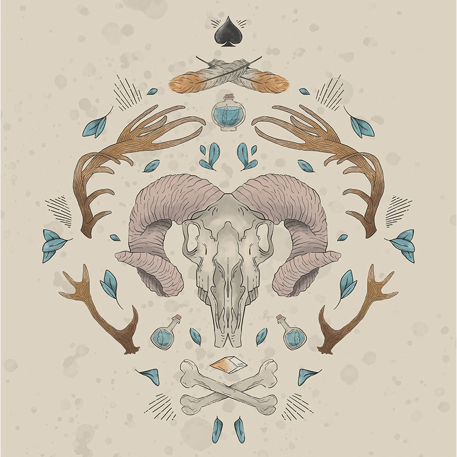 illustration of hero print on cream background of bison skull motif, horns mirrored, potion pots, floating teal leaves, crossed feathers, crossed bones, spades suit playing cards icon symbol.
