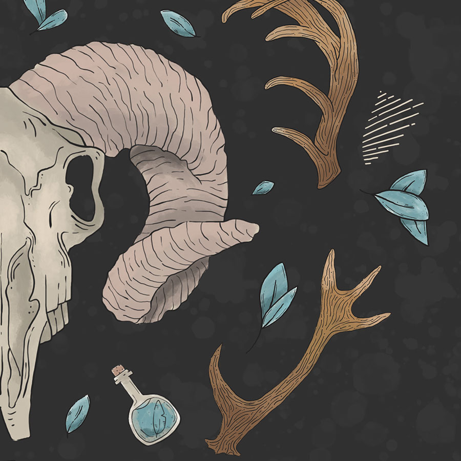 zoom in illustration of hero print on black background of bison skull motif, horns mirrored, potion pots, floating teal leaves, crossed feathers, crossed bones, spades suit playing cards icon symbol.