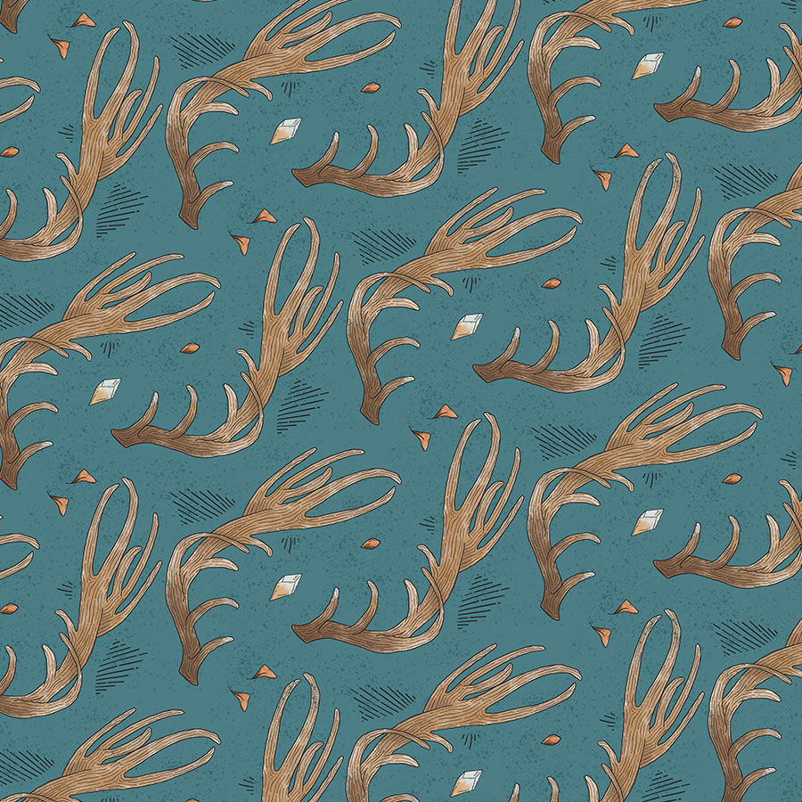 illustration of pattern on teal background of horns, floating teal leaves, citrine crystal, orange crystal.