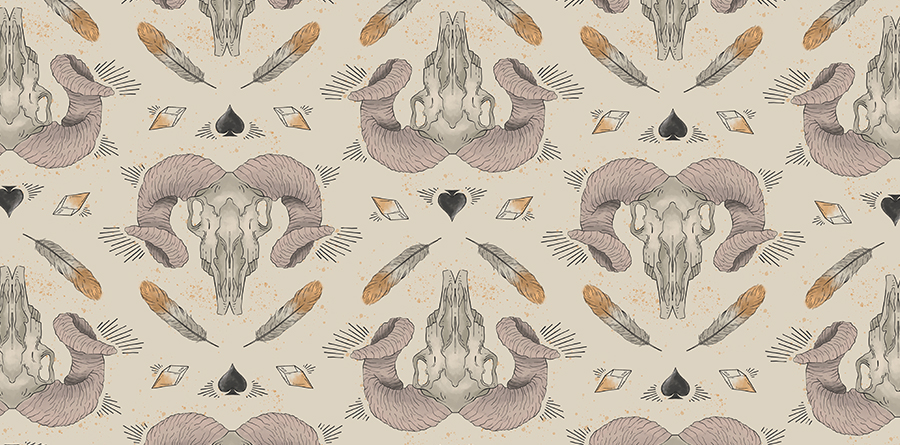 illustration of pattern on cream background of bison skull, feathers in cream and orange, citrine crystal.