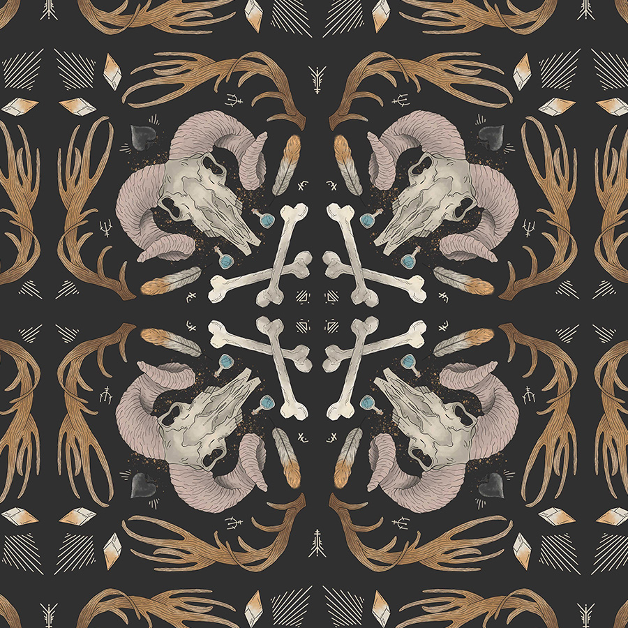 illustration of pattern on cream background of bison skull, feathers in cream and orange, citrine crystal. pattern applied on mockup of Wallpaper on bedroom, bed with white sheets.