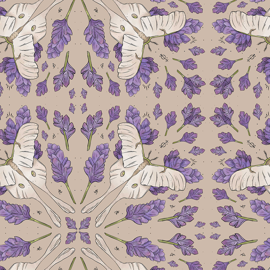 Lavender Hush pattern design available for wholesale products and trade buyers – featuring lavender stems, luna moths, and purple florals for luxury boutiques. retail ready stock, printed textiles with unique botanical designs.