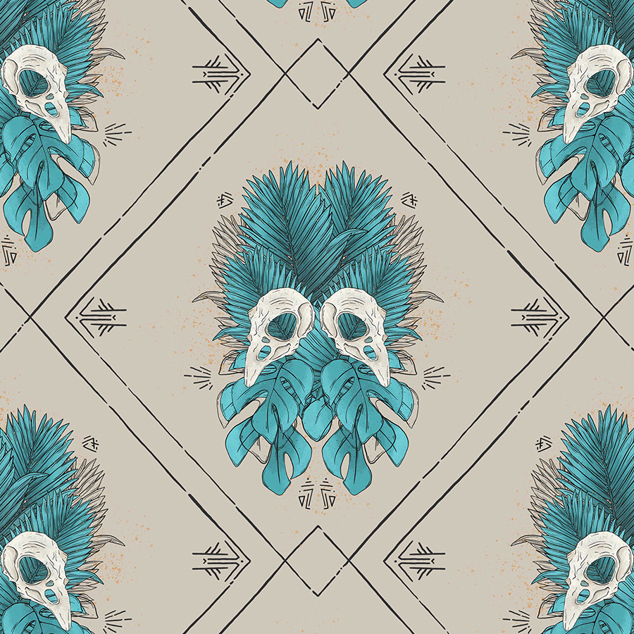 illustration of pattern on cream background of crow and raven skulls mirrored, diamond geometric shape with palm leaves and monsteras arranged inside geometric shape as a crown, runic symbols inside and gold splatter. Natural History patterns. Tropical maximalist pattern.
