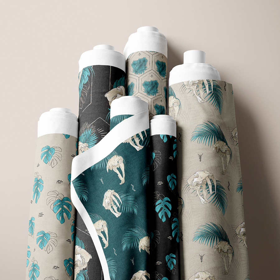 mockup photo of fabric rolls showing all patterns of the collection.