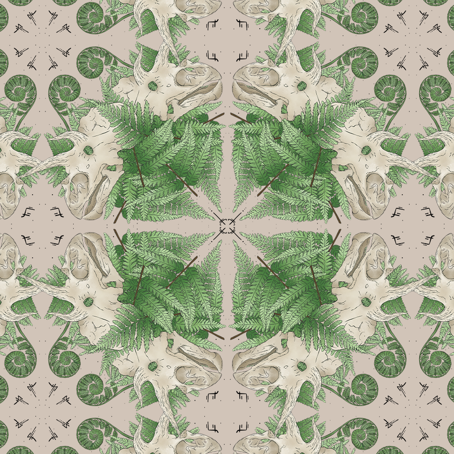 Seamless Triceratops skull and ancient fern repeat pattern in deep green and earthy brown, offered for wholesale museum gift shop products, heritage souvenirs, and boutique pattern licensing