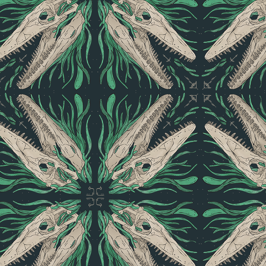 Wholesale prehistoric marine life pattern collection: Mosasaurus fossil and Posidonia ocean plant art, designed for museum stores, heritage gift shops, and boutique stockists.