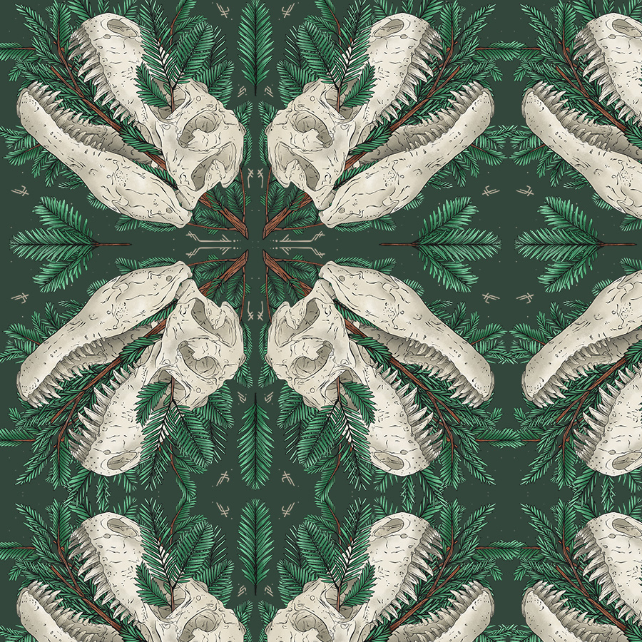 Wholesale prehistoric marine life pattern collection: Mosasaurus fossil and Posidonia ocean plant art, designed for museum stores, heritage gift shops, and boutique stockists.