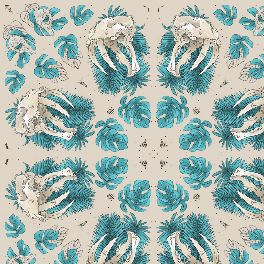 Monstera Skulls, teal tropical foliage with fossils and skulls in between leaves. pattern designs with skulls, wholesaler, supplier for boutiques, unusual, unique and bold prints