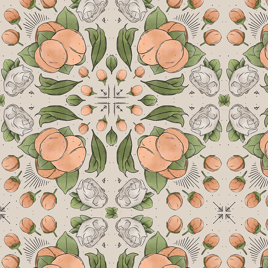 Full Mistica Peach Fuzz pattern collection featuring peach and sage green botanical foliage with a delicate squirrel skull motif. Ideal for gift shop wholesale, boutique inventory, and retail stockists.