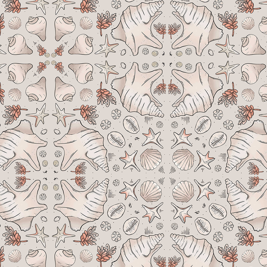 Coastal Treasures surface pattern collection featuring hand-drawn seashells, starfish, and calico textures in soft neutral tones. Ideal for wholesale gift shop products, coastal boutique souvenirs, and eco-friendly luxury printed textiles and fashion accessories