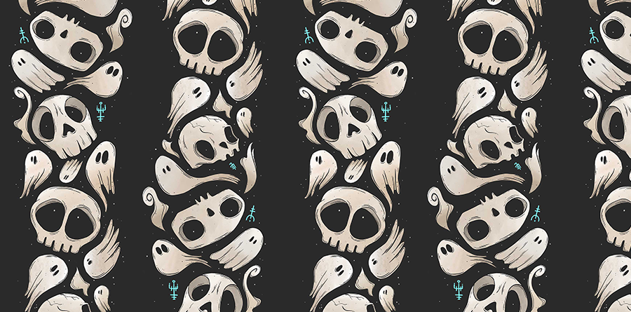 Spooky Cute Skulls pattern collection featuring playful ghosts, Halloween pattern design with cutesy skulls, neon turquoise runes, and mystical Halloween motifs for boutique and museum shop wholesale. printed textiles for fashion accessories 