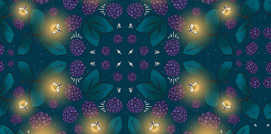 Glimmering Berries repeat pattern illustration of glowing fireflies and dark teal winter leaves available for wholesale products, boutique shop inventory, and seasonal Christmas gifting, luxury shop stock
