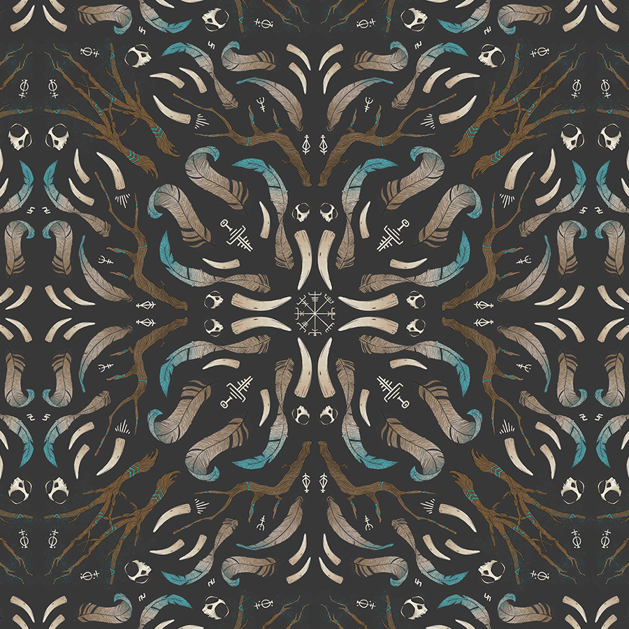 Mystical Woods Collection wholesale surface pattern featuring dark pagan Wicca motifs, Viking runes, bone relics, and teal feathers for museum gift shops, heritage sites, and boutique stockists. Merch and giftware meant for witchcraft museums