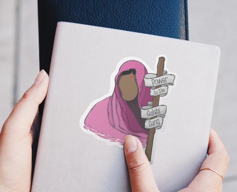 Activist sticker Gulabi Gang wooden stick beat men India country Pink Clothing. Femeestick.