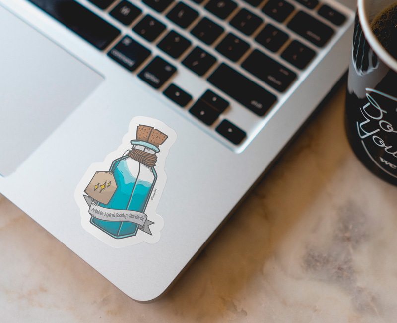 Blue Liquid Glass Pot, potion like. Antidote Against Society's Standards Sticker Etsy Shop Redirect.